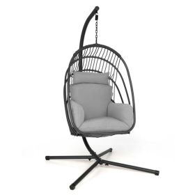 Hanging Folding Egg Chair with Stand Soft Cushion Pillow Swing Hammock (Color: Gray)